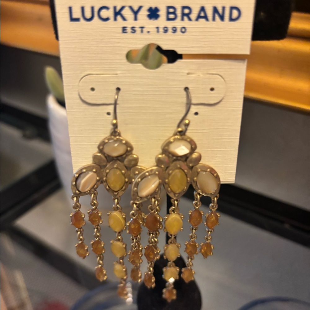 Lucky Brand Gold and Tan Chandelier Earrings